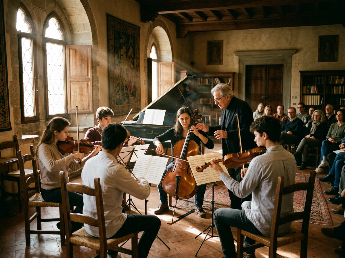 Young musicians rehearsing chamber music with a conductor before an audience